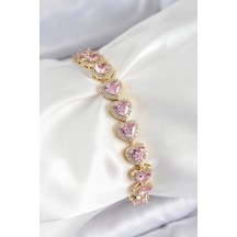Pirinç Zirkon Taşlı Pembe Kalp Baget Model Gold Renk Vıp Seri Kadın Bileklik - Tj-bb7502 Diğer