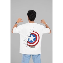 Kaptan Amerika Kalkan Baskılı Unisex Oversize Avengers Marvel Tiş Beyaz