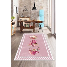Pembe Kaymaz Taban Yıkanır Çaydanlıklı Mutfak Halısı Ar341pn11