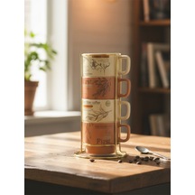 Gold Metal Standlı Dörtlü Porselen Kupa Espresso Fincanı 200 Ml Çok Renkli