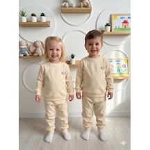 Bontino Mevsimlik Unisex Alt Üst Pamuklu Ve Likralı Gündelik Eşofman Takımı 1-5 Yaş Krem