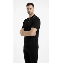 Erkek Triko Kumaş Yakalı Düğmesiz Açık Yaka Fitilli Kısa Kollu Regular Fit Tişört T-shirt - Siyah Siyah
