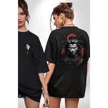 Asyalı Japon Samuray Savaşcı Siyah Oversize Unisex Ön Ve Sırt Baskılı Tişört Siyah