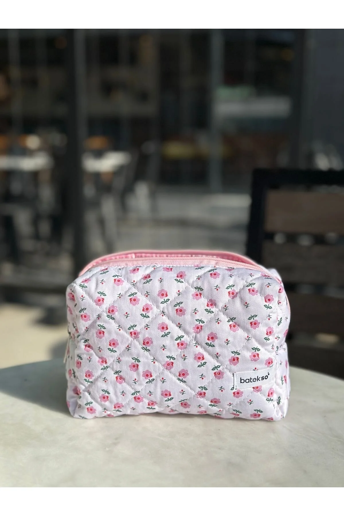 Batekso Minik Pembe Çiçek Desenli Makyaj Çantası - Büyük Boy