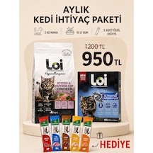 Aylık Kedi İhtiyaç Paketi 2 Kg Mama + 10 Lt Kum + 5 Li Karışık Ödül Maması