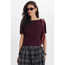 Tudors Kadın Slim Fit Dar Kesim Kısa Kollu Kayık Yaka Mürdüm Tişört-50568