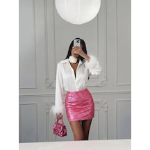 Havens Pip Payet Etek & Tüylü Saten Gömlek Takım Pembe