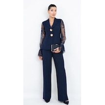 Dorne Moda Özel Seri Dantel Kollu Gold Düğmeli Şık Pantolonlu İkili Takım Lacivert