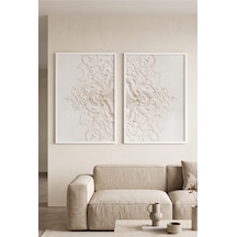 Beyaz Ahşap Çerçeveli Klasik Kabartma Desenli Bej Modern Duvar Tablosu 2 Li Set Beyaz