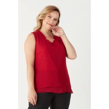 Moda Berray 3241 Yaka Fırfırlı Kolsuz Büyük Beden Şık Bluz Mürdüm Çok Renkli