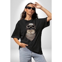 Kasket Bandana Motorcu Kedi Pamuklu Bisiklet Yaka Unisex Oversize Boyfriend Dijital Baskılı Siyah T-shirt Siyah
