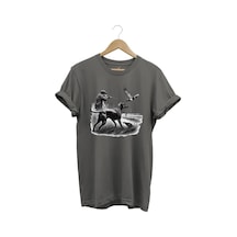 Avcılık Temalı Kuş Avı Ve Av Köpeği Baskılı %100 Pamuk Regular Fit Gri T-shirt Antrasit