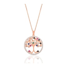 Gümüş Rose Zirkon Taşlı Yaşamın Renkli Dalları Ağaç Kolye Barcode Gümüş - Rose Gold