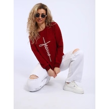 Bakr Textil Baskılı, İçsiz, Kapüşonsuz Oversize Sweatshirt 446720688 Bordo