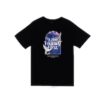 Love Yourself First - Kuş - Gökyüzü - Ay Baskılı Unisex %100 Pamuk Siyah T-shirt SIYAH