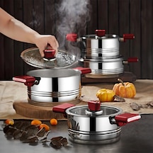 Oms 1129 Silindir 8 Parça Paslanmaz Çelik Tencere Seti Kırmızı