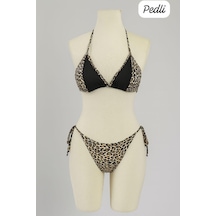 Kadın Siyah Ve Leopar Detaylı Yandan Bağlamalı Bikini Takımı