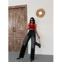 Kadın Wide-leg Yüksek Bel Geniş Paça Kot Pantolon Koyu Füme Siyah+koyu Füme