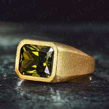 925 Ayar Gümüş Altın Kaplama Yeşil Peridot Olivin Taşlı Sade Erkek Yüzük Altın