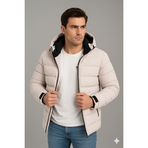 Blayn Jeans Erkek Siyah İçi Polar Kapüşonlu Şişme Günlük Ve Spor Mont Kışlık, Rahat Ve Suya Dayanıklı Krem