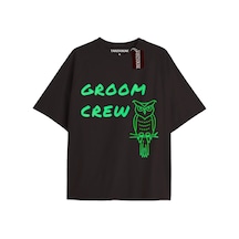 Groom Crew Unisex Oversize Yazılı Tshirt Siyah Siyah