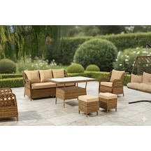 Lüks Sentetik Rattan Bahçe Oturma Grubu - 180 Cm Üçlü Koltuk + 2 Tekli + Masa - Paslanmaz Galvaniz İskelet Kahverengi - Krem