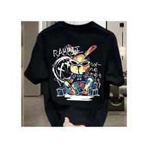 Caddemia Yaz  Moda Rahat Gevşek Siyah Tavşan Karikatür Desen Baskılı Yuvarlak Bo Siyah 2XL