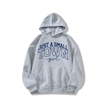 Harmandar Just A Small Town Baskılı Gri Kapüşonlu Kanguru Cepli Sweatshirt Hoodie Gri