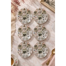 6 Lı Cam Çay Tabağı - Paris Cafe Desenli 12 Cm - 6 Adet Çay Tabak Krem