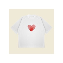 Tarzsokak Heartprint Baskılı Oversize Unisex Pamuklu Nefes Alan Kalın Kumaşlı Beyaz