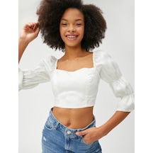 Koton Crop Bluz Balon Kollu Kare Yaka Viskon Kırık Beyaz 3sal60032ıw Ekru