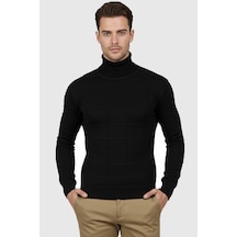 Rizzup Erkek Siyah Kare Desenli Balıkçı Yaka Slim Fit Boğazlı Triko Kazak 2505493