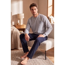 Buratti Yumuşak Dokulu Minimal Nakışlı Uzun Kollu Pijama Takımı Erkek Pijama Takımı 6575009 Gri Melanj