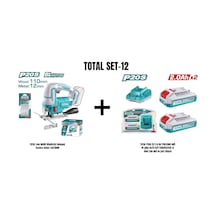 Total Set-12 Total Li-on Akülü Kömürsüz Dekupaj Testere Solo TJSLI1008 + Total P20S 2'li 2.0AH TFBLI2001 Akü ve Şarj Aleti Seti TFBCPK2212E
