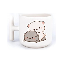 Mochi Cat Aşk Sevgili Eş El Yapımı T Kulplu Fincan Beyaz