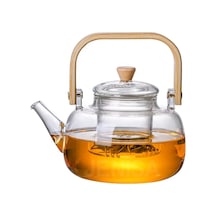 Ahşap Saplı Cam Filtreli Demlik 1000 Ml - Isıya Dayanıklı Cam Bitki Çayı Demlik Diğer