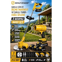 Schutzenger 746RN 3 Akülü Şarjlı Turbo Fan Üfleme Makinesi Ve Şarjlı Ot Çim Biçme Makinesi 7 Başlıklı Tırpan Set Sarı