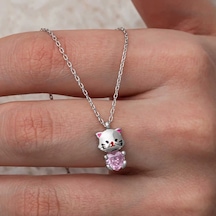 Gümüş Pembe Taşlı Sevimli Kedi Kadın Kolye Gümüş