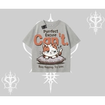 Tarzsokak Kedi Baskılı Cant Busy Napping Y2k Oversize Tshirt Gri