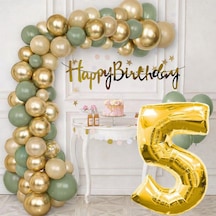 5 Yaş Pompa Hediyeli Doğum Günü Seti Gold Banner Krom Gold Küf Yeşili Kum Beji Balonlar Gold Folyo Rakam Çok Renkli