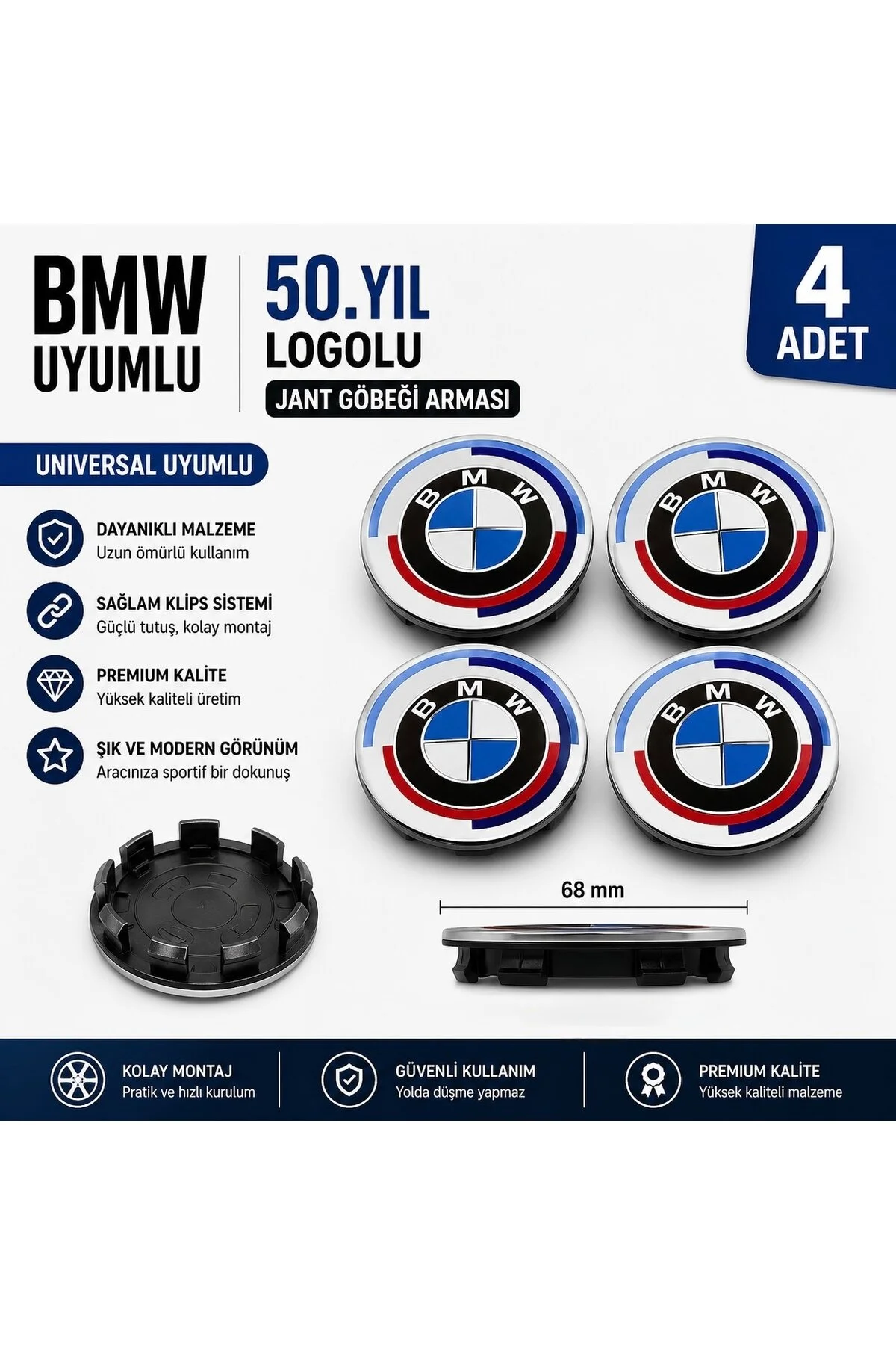 Universal Bmw Uyumlu 50.yıl Logolu Jant Göbeği Arması 68mm 4 Adet