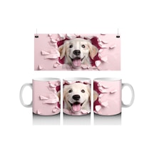 Pembe Kalp Duvarı Delen Sarı Köpek Baskılı Kahve Kupası Renkli