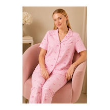 Fit Women Ekose Fiyonk Desenli Kısa Kollu Pijama Takımı Kadın Düğmeli Uzun Alt Pembe Pijama Takımı 4633
