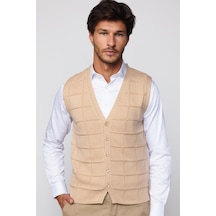 Tudors Slim Fit Kare Desenli Taş Rengi Erkek Yelek-29711-Taş