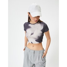 Koton Soyut Desenli Crop Tişört Kısa Kollu Bisiklet Yaka Slim Fit Antrasit Desenli 4sal10242ık Antrasit