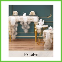 Bezos Palmiye Model Krem-krem 7 Parça Keten Masa Örtüsü Runner Seti Çeyizlik Salon Takımı Dmc Krem - Krem