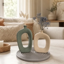 Momiko El Yapımı Modern Bohem Beton Vazo Seti Dekoratif Kemerli İkili Vazo & Yuvarlak Altlık Premium Seri Adaçayı-bej-vizon