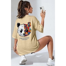 Unisex Panda Baskılı Tasarım T-shirt Bej