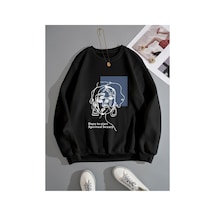 Herkesemoda Portre Baskılı Siyah 2 İplik Şardonlu Bisiklet Yaka Sweatshirt Siyah