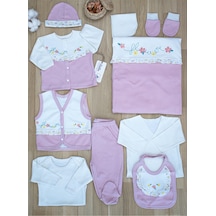 Sitilin Kız Bebek Natural Pembe İşlemeli süslü Lüks 10 Lu Hastane Çıkışı Set STL6065 Çok Renkli